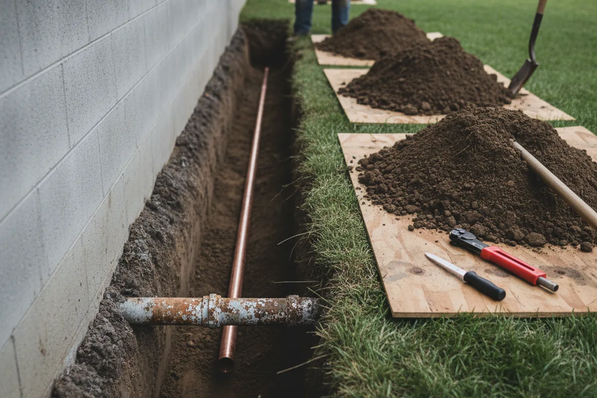 Excavated water line trench during Sewer Line Repair in Saxis